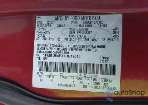 2007 Ford Explorer Eddie Bauer из США, поврежденный, VIN 1FMEU64EX7UB19014